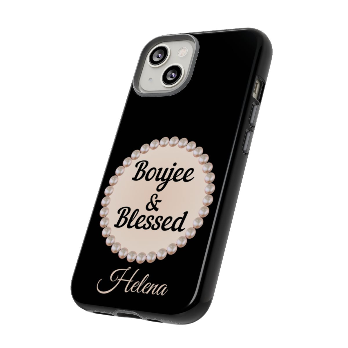Personalized Boujee & Blessed Themed Tough iPhone Cases 14/15/16 Plus/Pro/Pro Max (Black and Pearl Emblem)