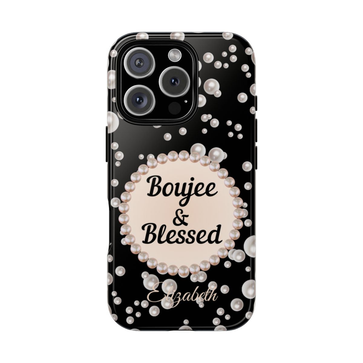 Personalized Boujee & Blessed Themed Tough iPhone Cases 14/15/16 Plus/Pro/Pro Max (Black and Pearl Emblem)