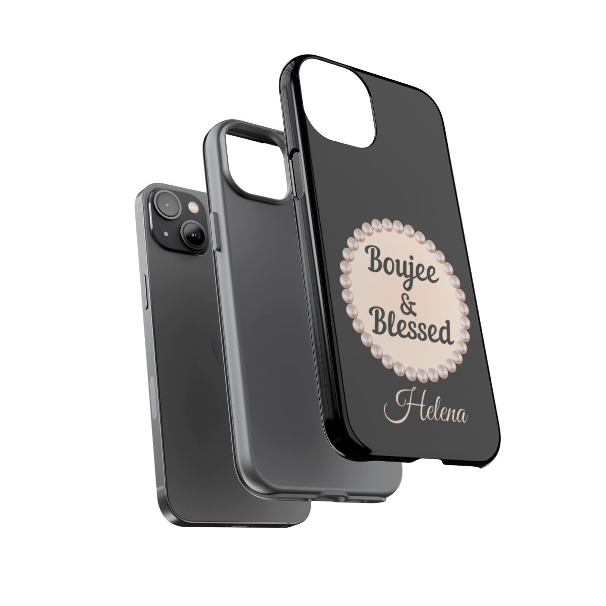 Personalized Boujee & Blessed Themed Tough iPhone Cases 14/15/16 Plus/Pro/Pro Max (Black and Pearl Emblem)