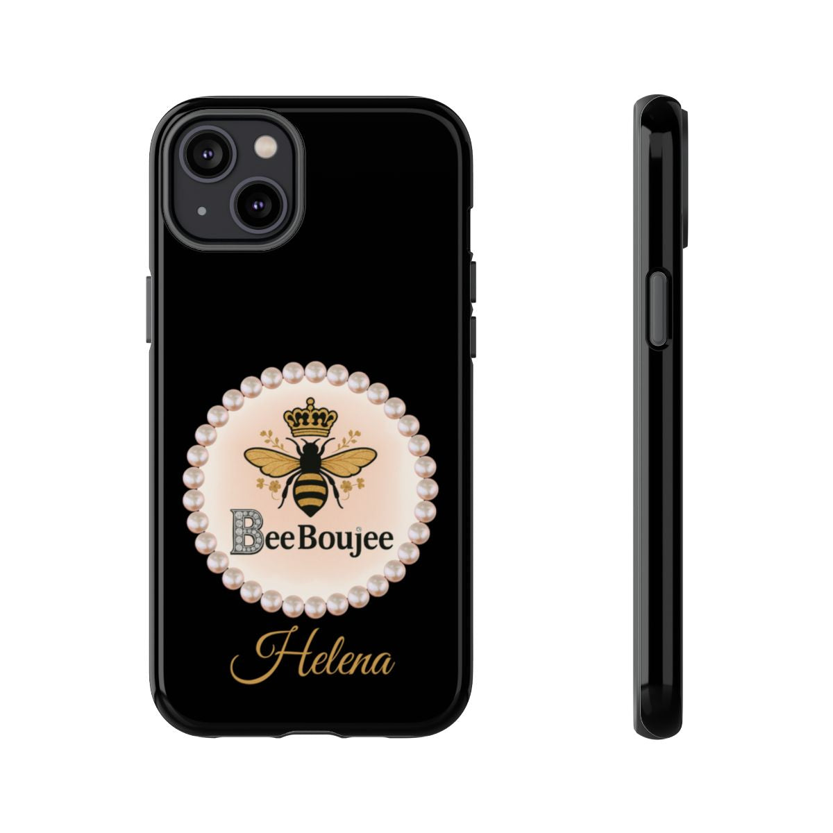 Personalized Bee Boujee Themed Tough iPhone Cases 14/15/16 Plus/Pro/Pro Max (Black and Pearl Emblem)
