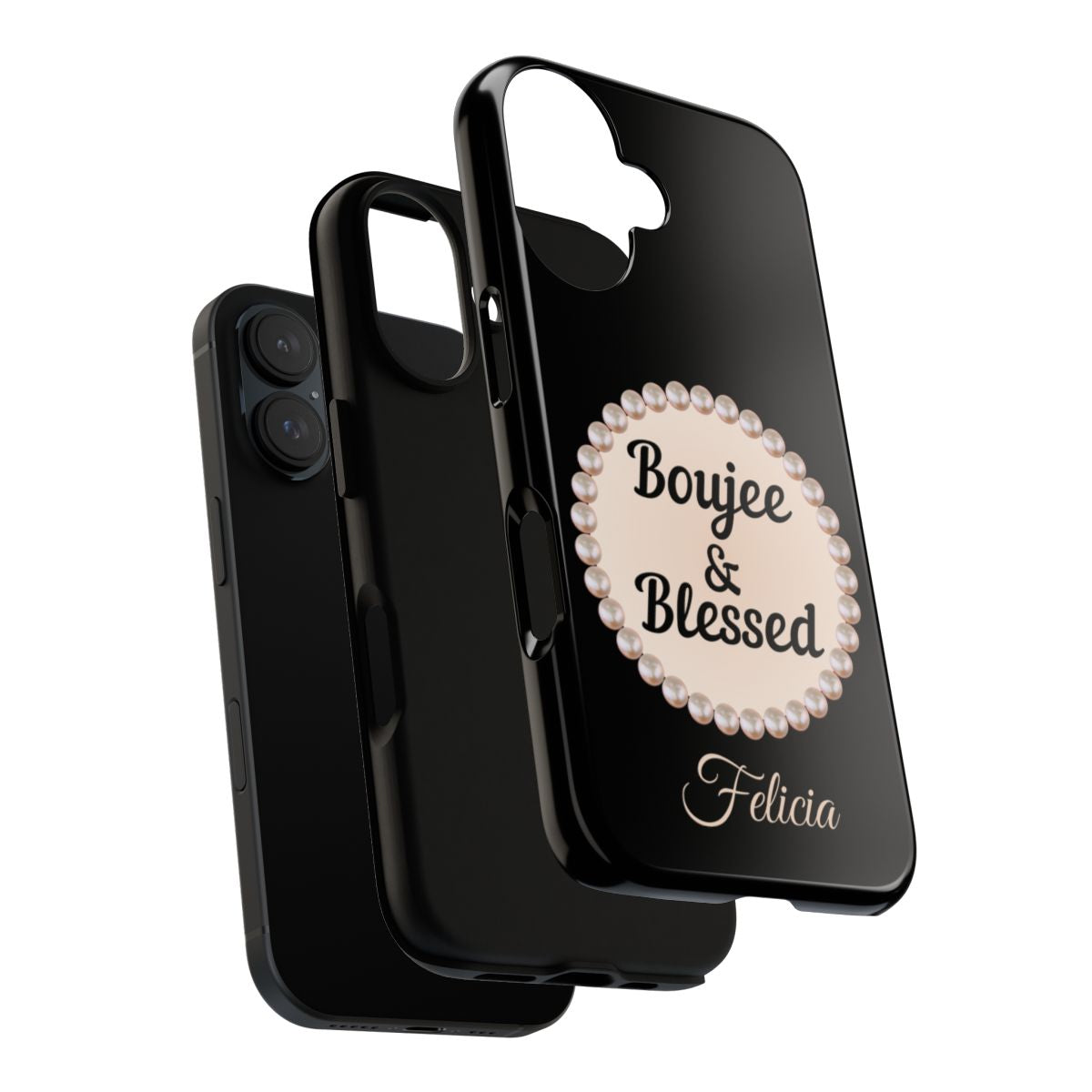 Personalized Boujee & Blessed Themed Tough iPhone Cases 14/15/16 Plus/Pro/Pro Max (Black and Pearl Emblem)