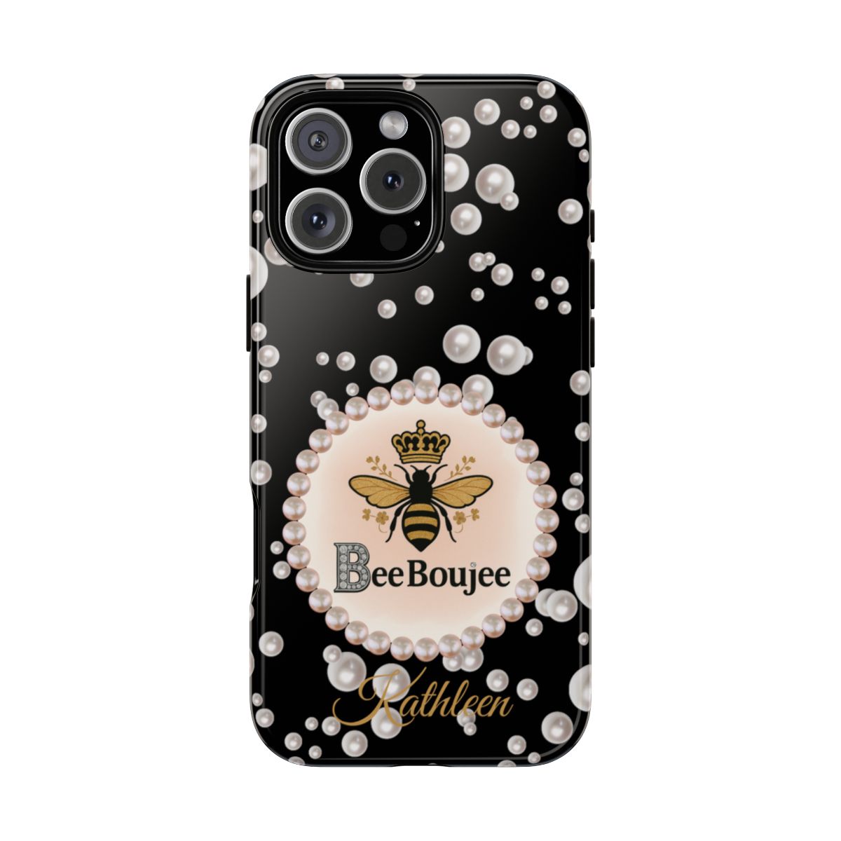Personalized Bee Boujee Themed Tough iPhone Cases 14/15/16 Plus/Pro/Pro Max (Black and Pearl Emblem)