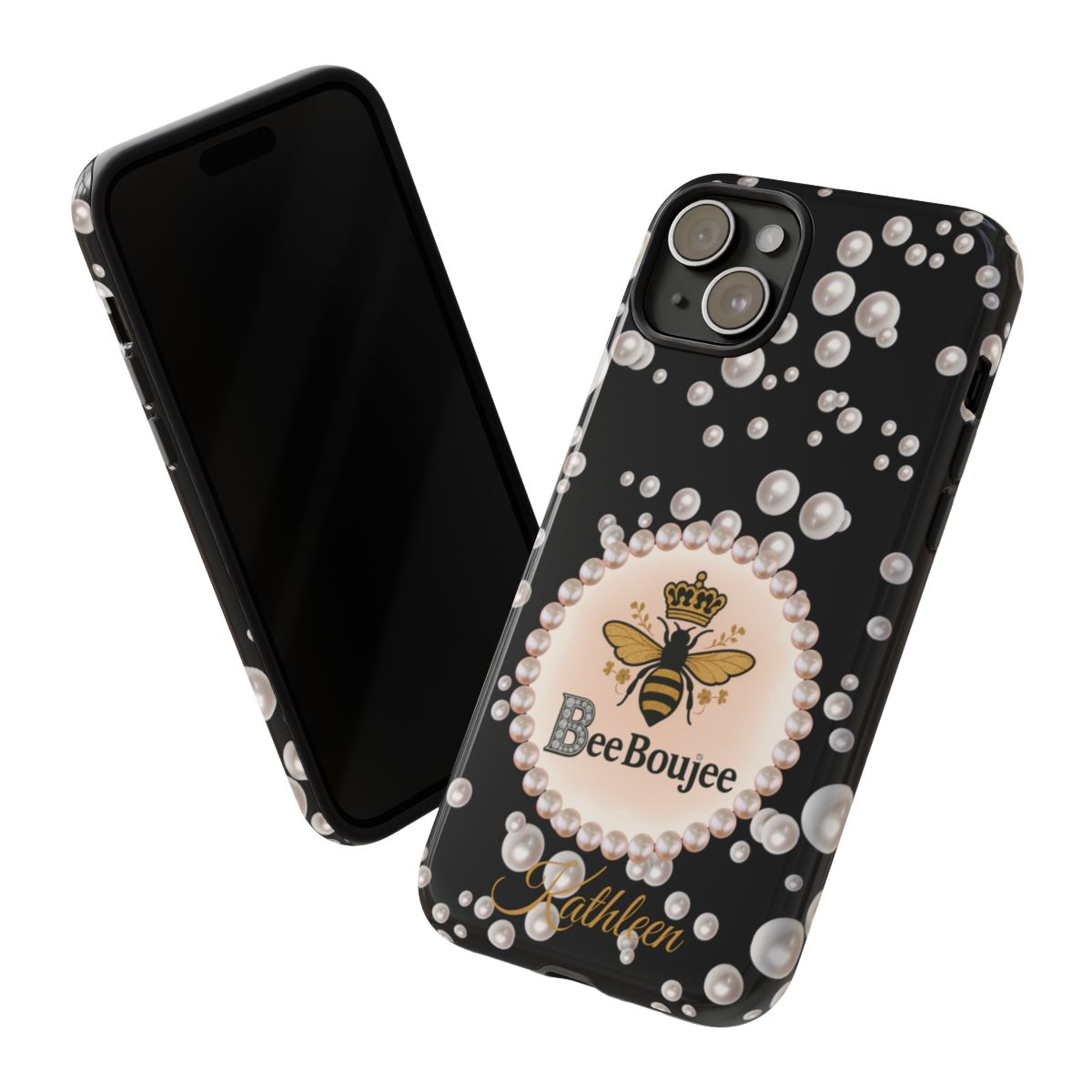 Personalized Bee Boujee Themed Tough iPhone Cases 14/15/16 Plus/Pro/Pro Max (Black and Pearl Emblem)
