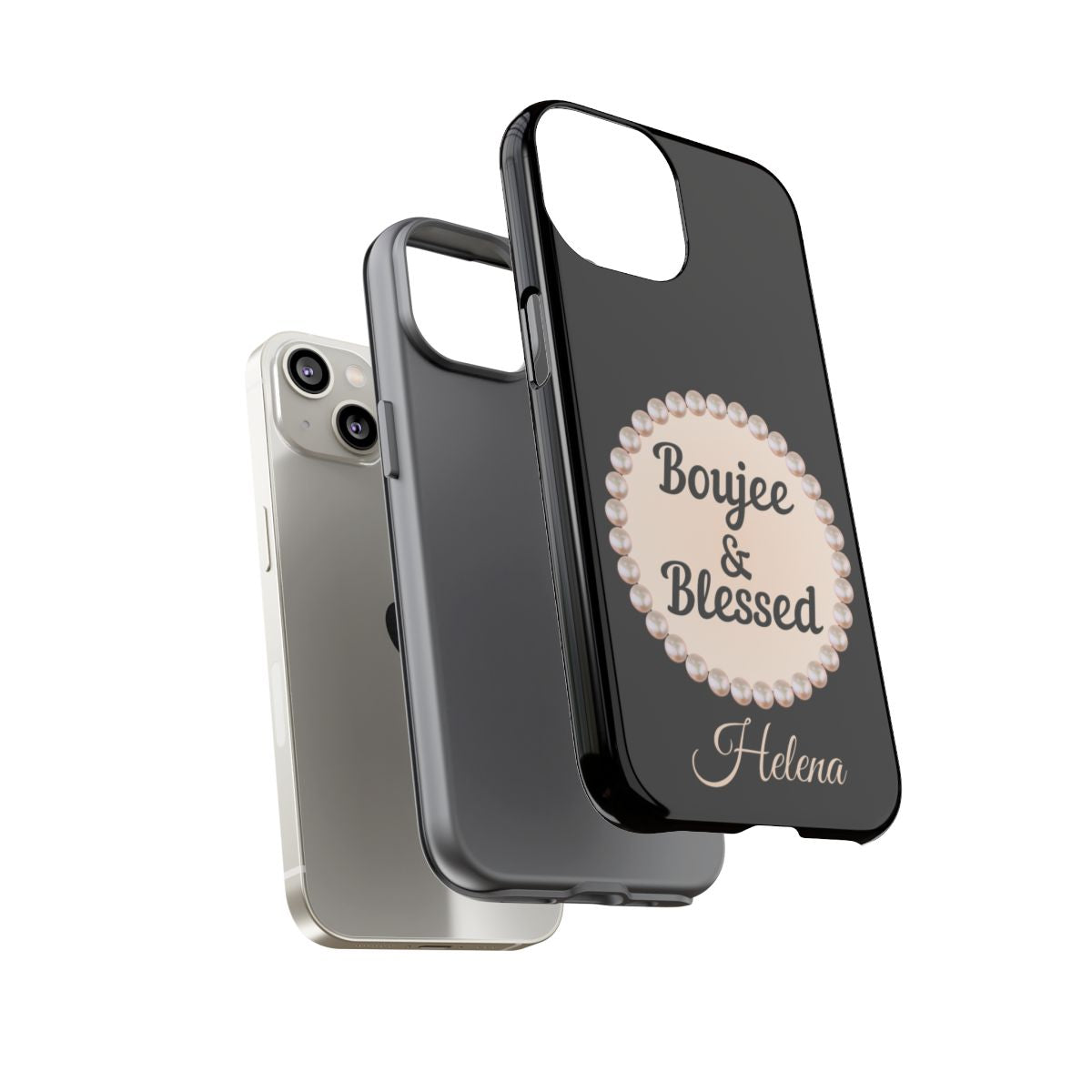 Personalized Boujee & Blessed Themed Tough iPhone Cases 14/15/16 Plus/Pro/Pro Max (Black and Pearl Emblem)