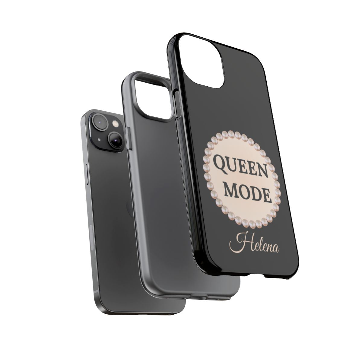 Personalized Queen Mode Themed Tough iPhone Cases 14/15/16 Plus/Pro/Pro Max (Black and Pearl Emblem)