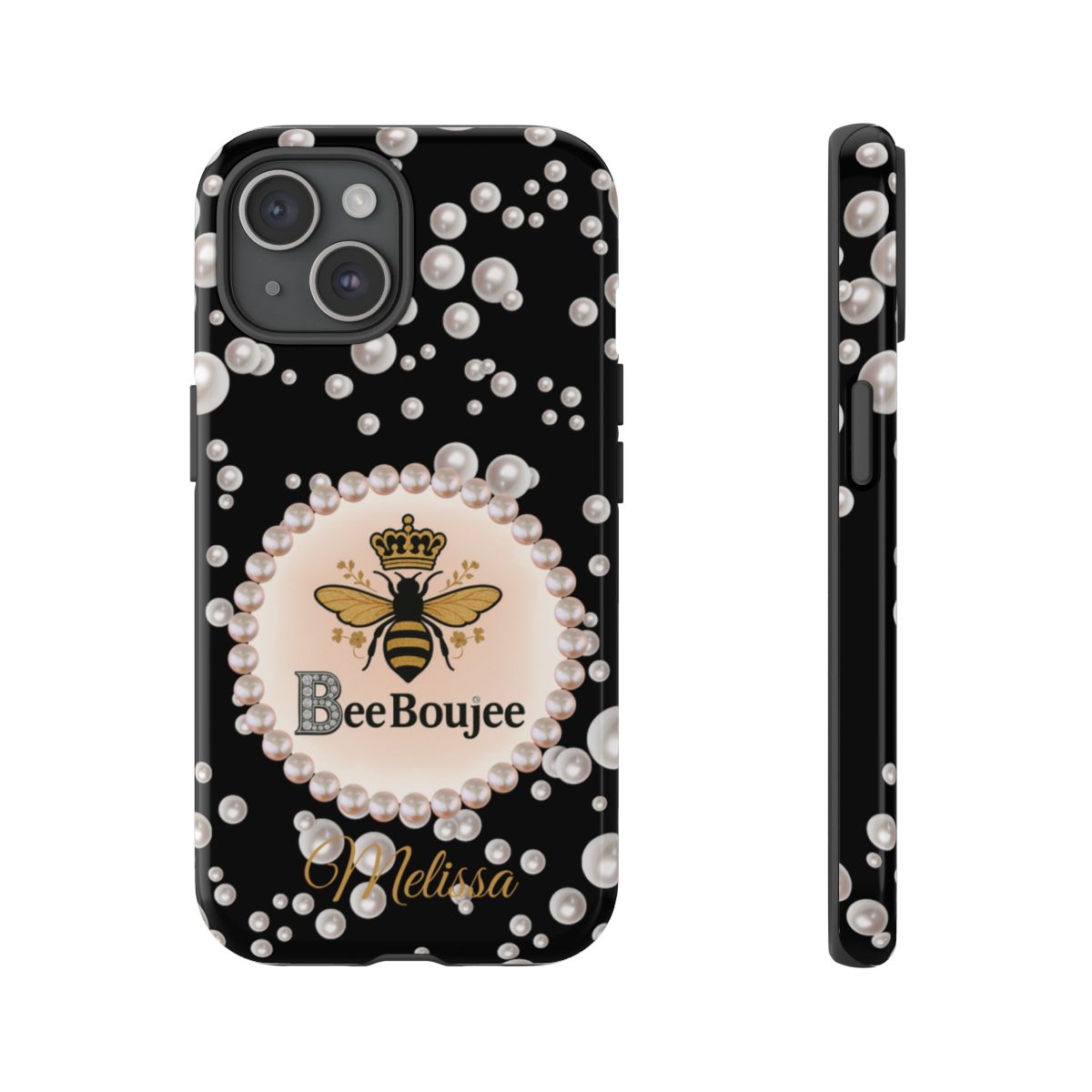 Personalized Bee Boujee Themed Tough iPhone Cases 14/15/16 Plus/Pro/Pro Max (Black and Pearl Emblem)