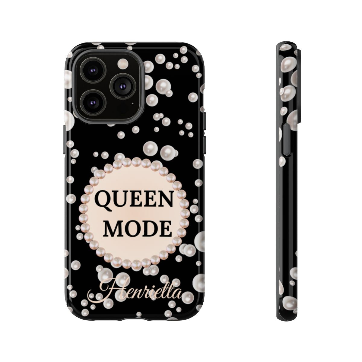 Personalized Queen Mode Themed Tough iPhone Cases 14/15/16 Plus/Pro/Pro Max (Black and Pearl Emblem)