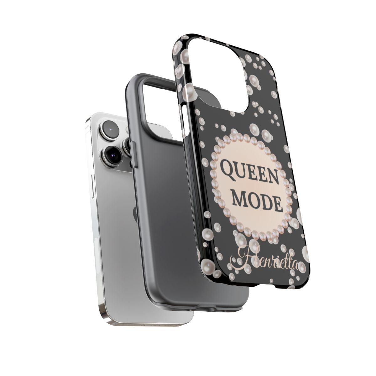 Personalized Queen Mode Themed Tough iPhone Cases 14/15/16 Plus/Pro/Pro Max (Black and Pearl Emblem)