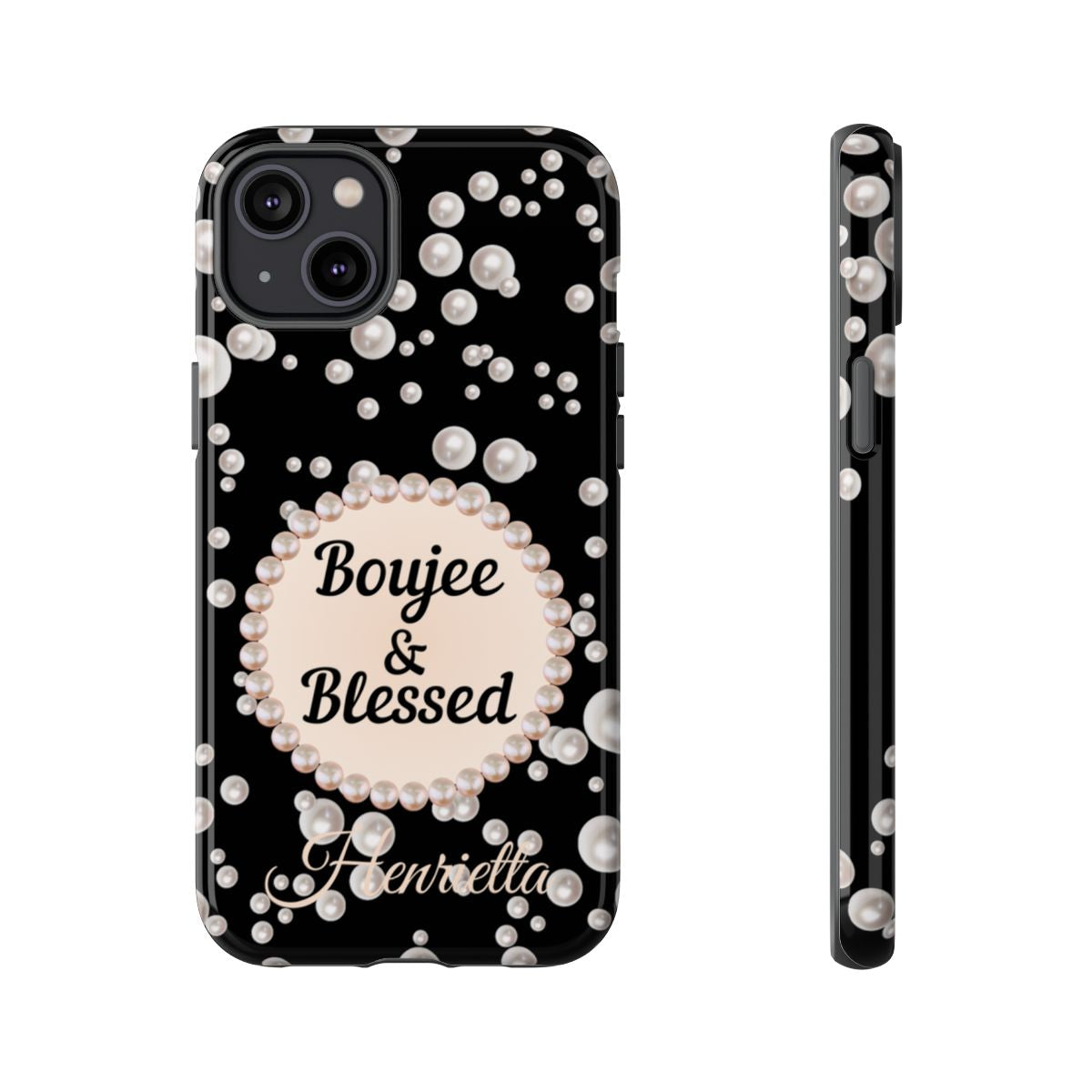Personalized Boujee & Blessed Themed Tough iPhone Cases 14/15/16 Plus/Pro/Pro Max (Black and Pearl Emblem)
