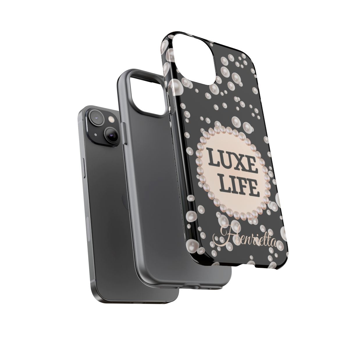 Personalized Luxe Life Themed Tough iPhone Cases 14/15/16 Plus/Pro/Pro Max (Black and Pearl Emblem)