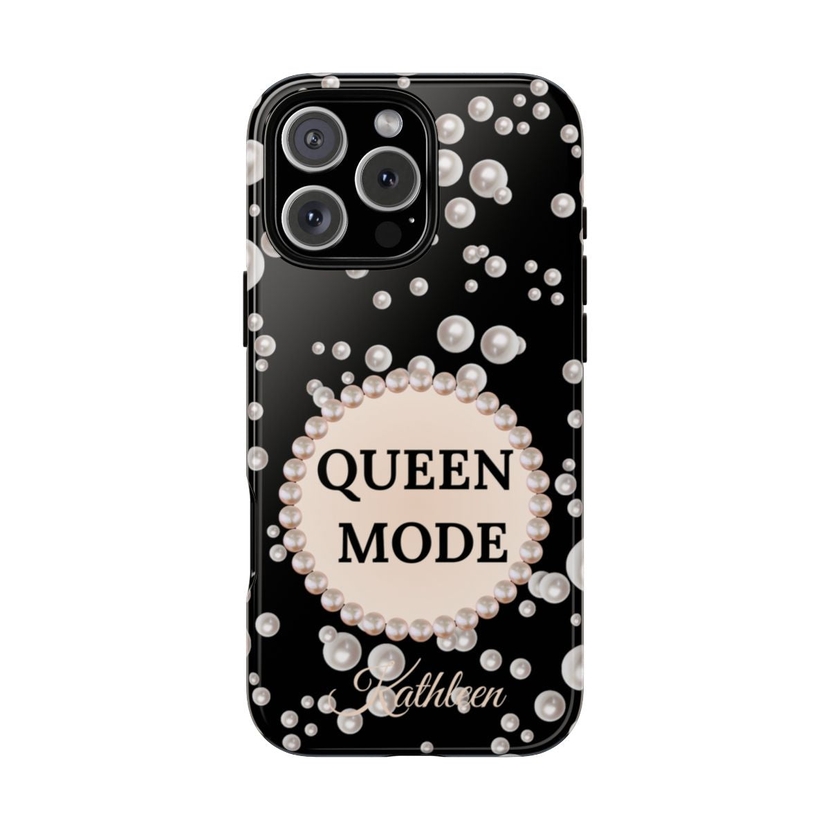 Personalized Queen Mode Themed Tough iPhone Cases 14/15/16 Plus/Pro/Pro Max (Black and Pearl Emblem)