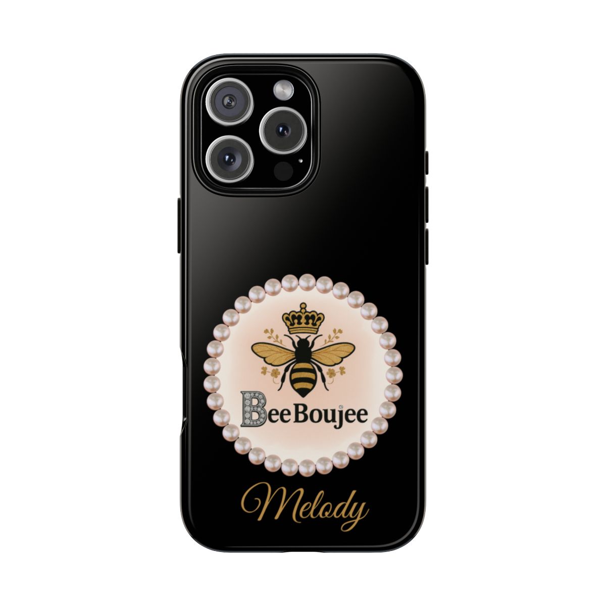 Personalized Bee Boujee Themed Tough iPhone Cases 14/15/16 Plus/Pro/Pro Max (Black and Pearl Emblem)
