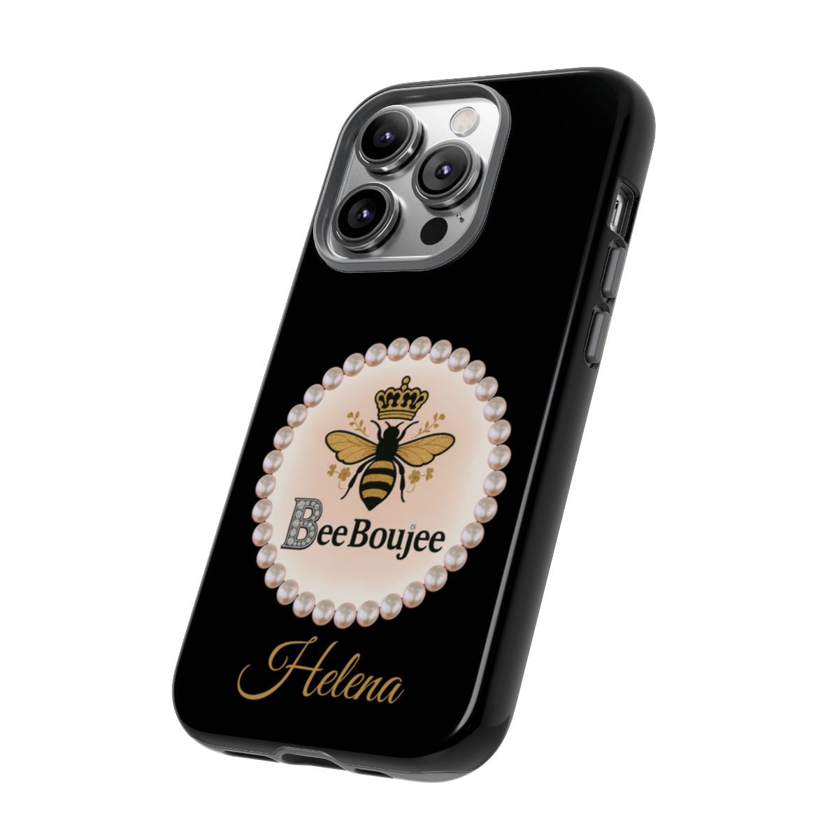 Personalized Bee Boujee Themed Tough iPhone Cases 14/15/16 Plus/Pro/Pro Max (Black and Pearl Emblem)