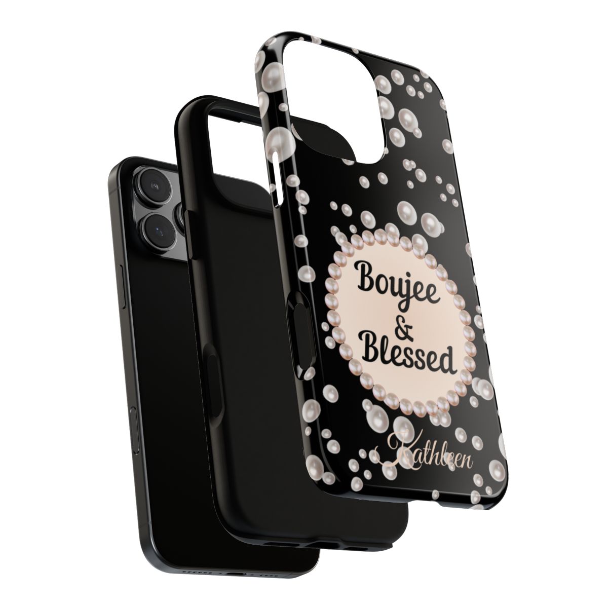 Personalized Boujee & Blessed Themed Tough iPhone Cases 14/15/16 Plus/Pro/Pro Max (Black and Pearl Emblem)