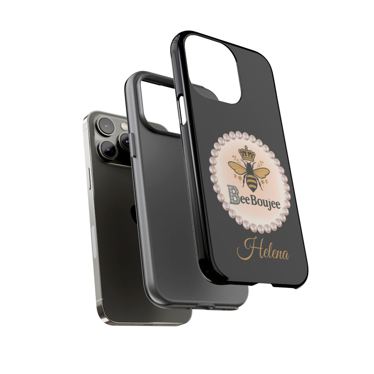 Personalized Bee Boujee Themed Tough iPhone Cases 14/15/16 Plus/Pro/Pro Max (Black and Pearl Emblem)