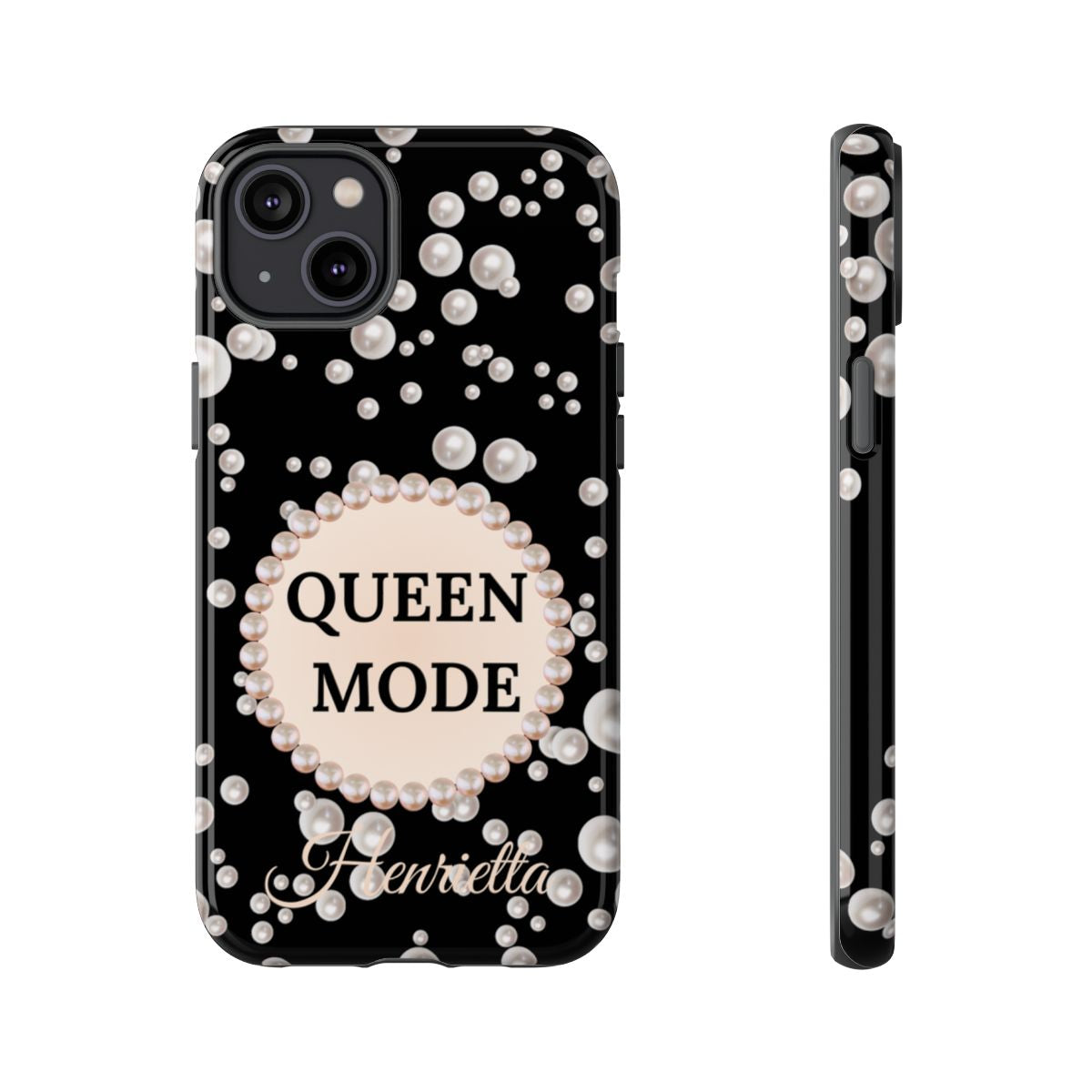 Personalized Queen Mode Themed Tough iPhone Cases 14/15/16 Plus/Pro/Pro Max (Black and Pearl Emblem)