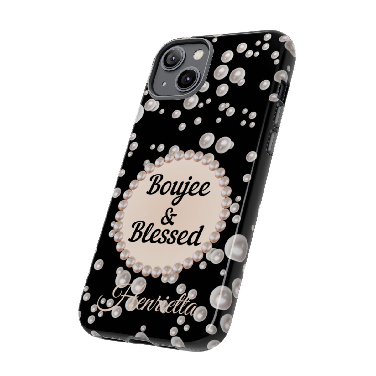 Personalized Boujee & Blessed Themed Tough iPhone Cases 14/15/16 Plus/Pro/Pro Max (Black and Pearl Emblem)