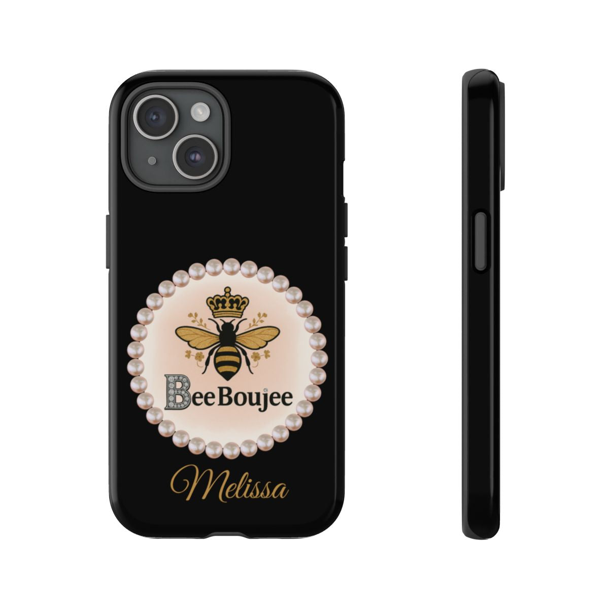 Personalized Bee Boujee Themed Tough iPhone Cases 14/15/16 Plus/Pro/Pro Max (Black and Pearl Emblem)