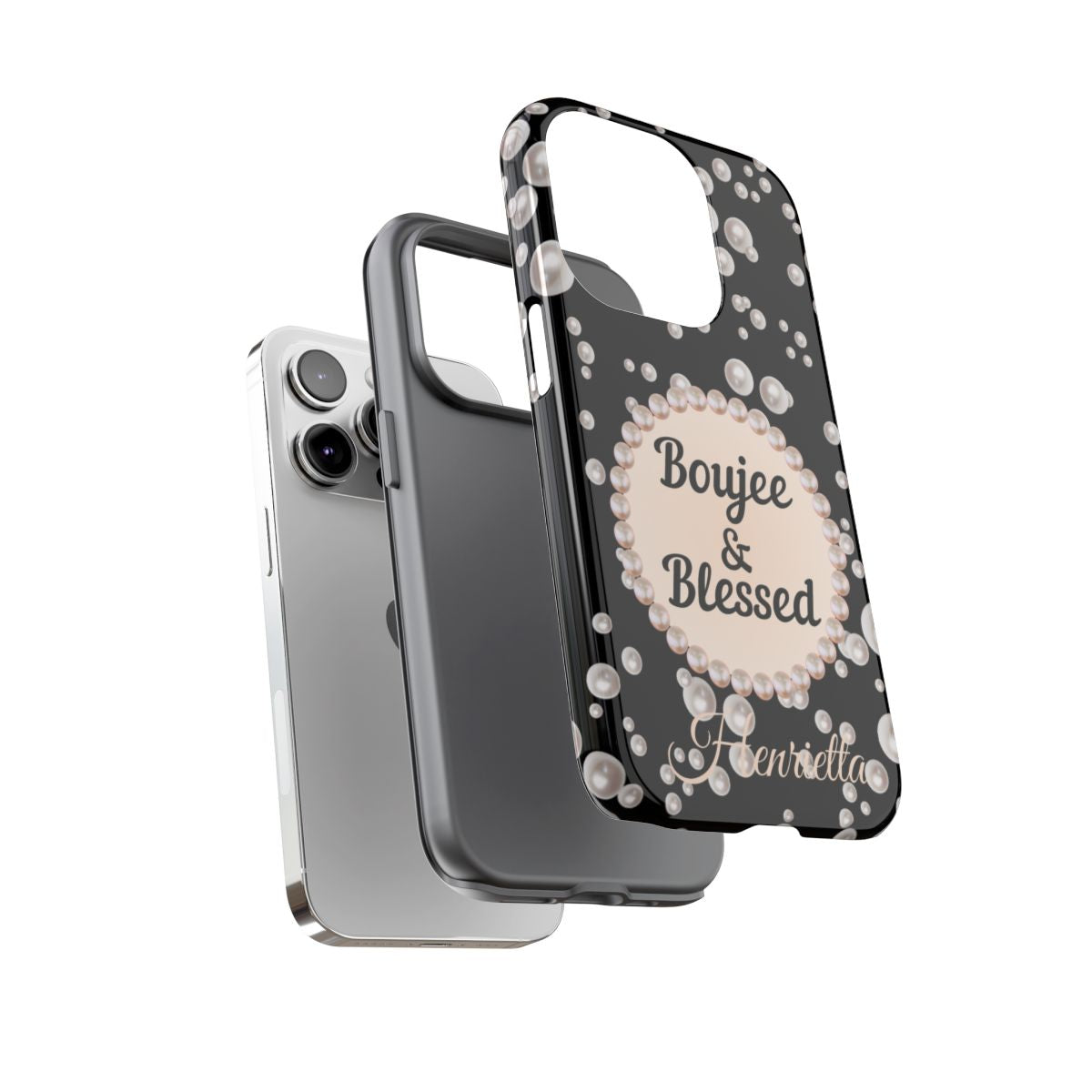 Personalized Boujee & Blessed Themed Tough iPhone Cases 14/15/16 Plus/Pro/Pro Max (Black and Pearl Emblem)