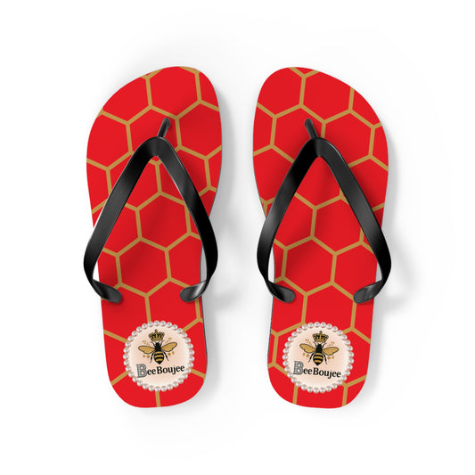 Bee Boujee Flip Flops - RED Golden Honeycomb - MEDIUM