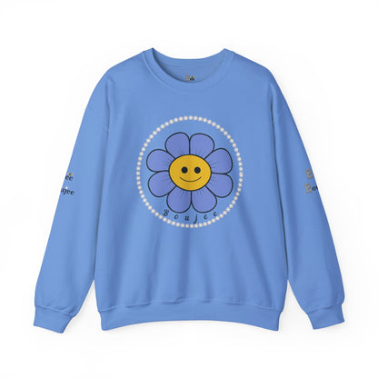 Boujee Flower Smiley Face Blue Gold - Heavy Blend™ Light Colors Crewneck Sweatshirt