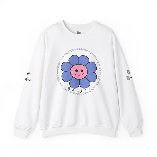 Boujee Flower Smiley Face Blue Pink - Heavy Blend™ Light Colors Crewneck Sweatshirt