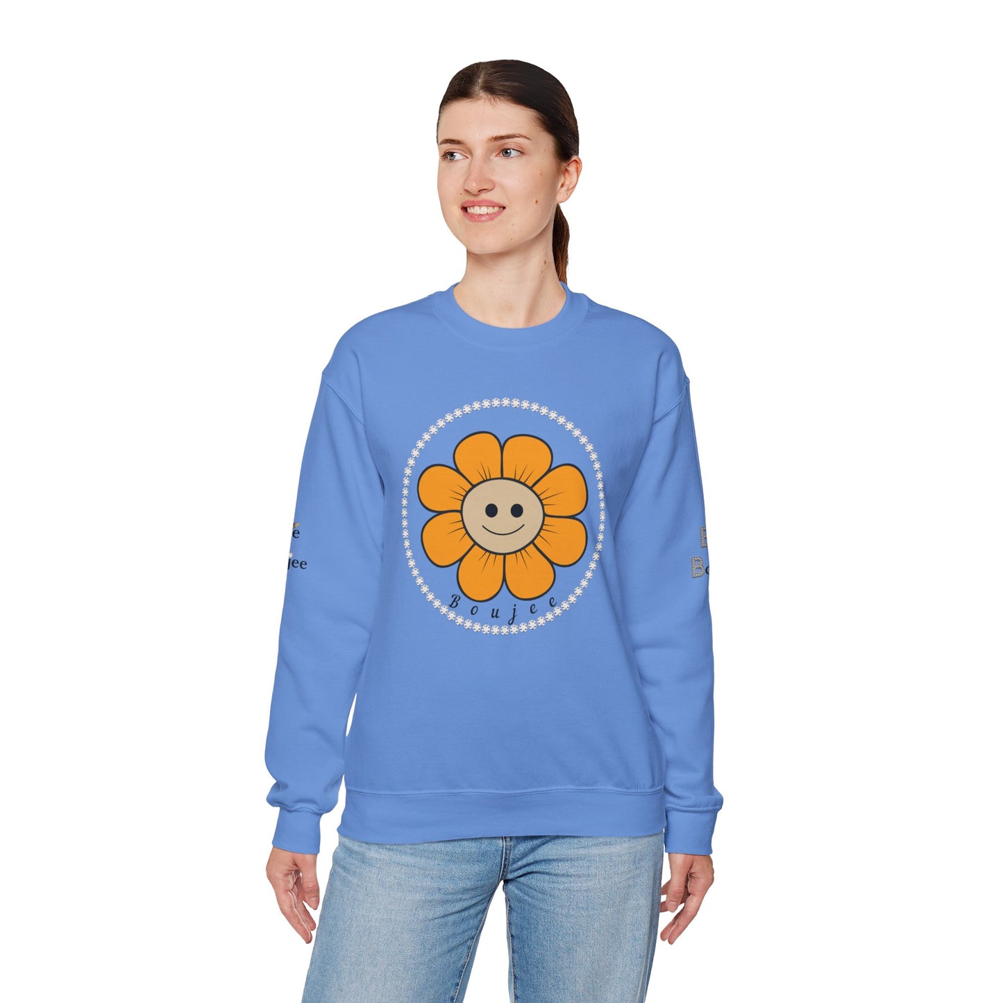 Boujee Flower Smiley Face Gold Tan - Heavy Blend™ Light Colors Crewneck Sweatshirt