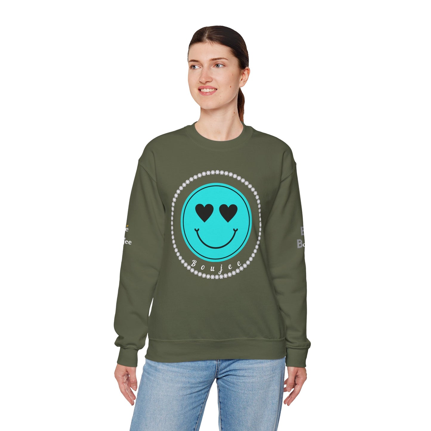 Bee Boujee - Boujee Smiley Face Turquoise in Diamonds Heavy Blend™ Dark Colors Crewneck Sweatshirt