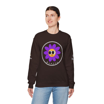 Boujee Flower Smiley Face Purple Gold Wide-Eyed - Heavy Blend™ Dark Colors Crewneck Sweatshirt