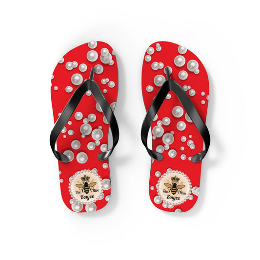 The Boujee Hive Crowned-Bee RED (Sea of Pearls) Flip-Flops - SMALL