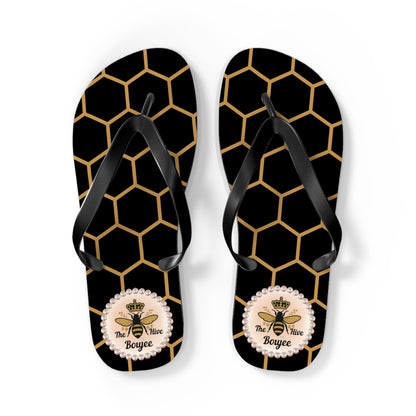 The Boujee Hive Flip Flops - BLACK Golden Honeycomb - LARGE