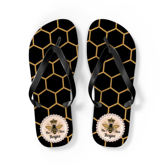 The Boujee Hive Flip Flops - BLACK Golden Honeycomb - LARGE