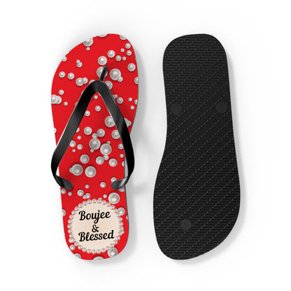 Boujee & Blessed Flip Flops - RED in Sea of Pearls - LARGE