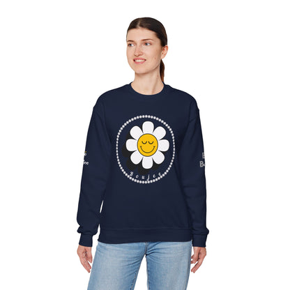 Boujee Flower Smiley Face Closed Eyes - Heavy Blend™ Dark Colors Crewneck Sweatshirt