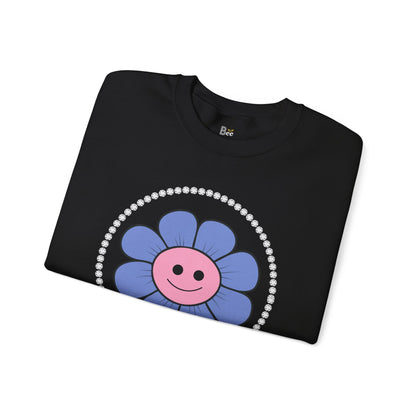 Boujee Flower Smiley Face Blue Pink - Heavy Blend™ Dark Colors Crewneck Sweatshirt