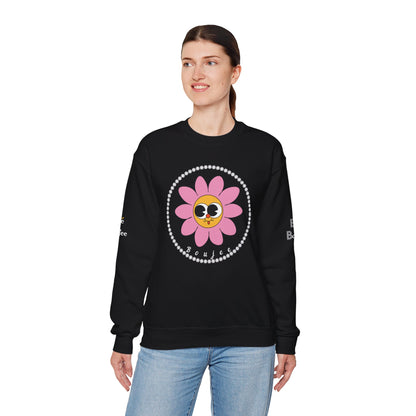 Boujee Flower Smiley Face Pink Gold Wide-Eyed - Heavy Blend™ Dark Colors Crewneck Sweatshirt