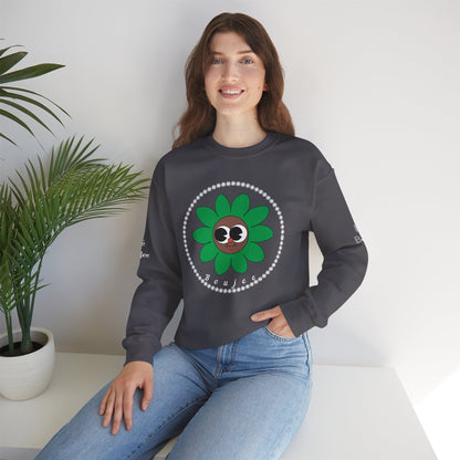 Boujee Flower Smiley Face Green Brown Wide-Eyed - Heavy Blend™ Dark Colors Crewneck Sweatshirt