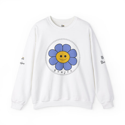 Boujee Flower Smiley Face Blue Gold - Heavy Blend™ Light Colors Crewneck Sweatshirt