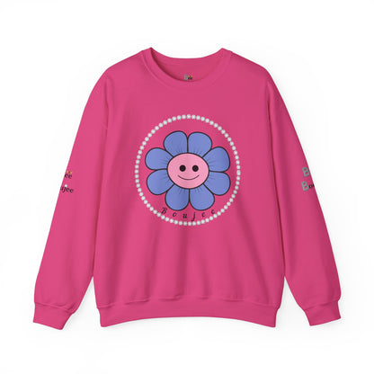 Boujee Flower Smiley Face Blue Pink - Heavy Blend™ Light Colors Crewneck Sweatshirt