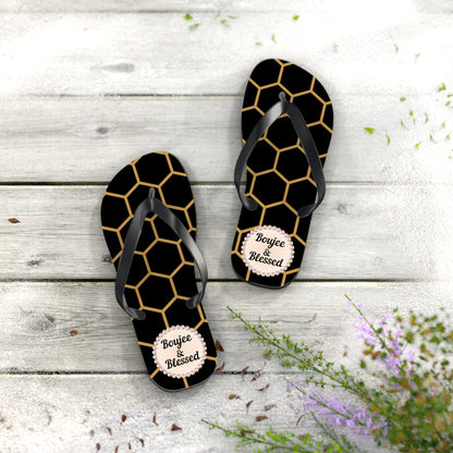 Boujee & Blessed Flip Flops - BLACK Golden Honeycomb - MEDIUM