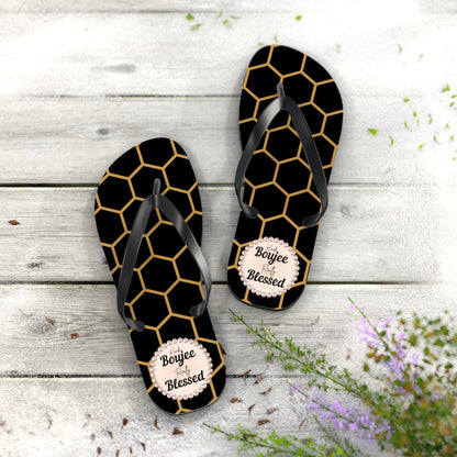 Kinda Boujee Really Blessed Flip Flops - BLACK Golden Honeycomb - EXTRA LARGE