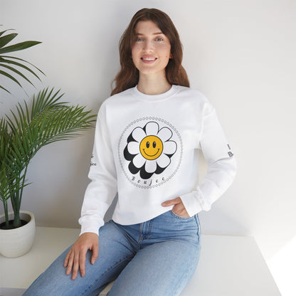 Boujee Flower Smiley Face White Gold - Heavy Blend™ Light Colors Crewneck Sweatshirt