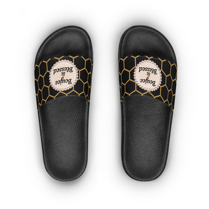 Boujee & Blessed Golden Honeycomb Pearl-Emblem Women’s Slides Sandals