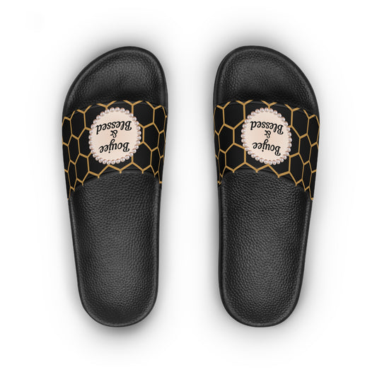 Boujee & Blessed Golden Honeycomb Pearl-Emblem Women’s Slides Sandals