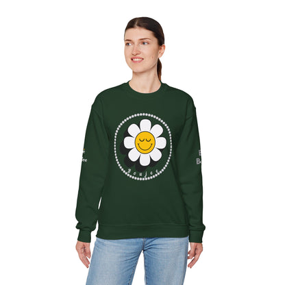 Boujee Flower Smiley Face Closed Eyes - Heavy Blend™ Dark Colors Crewneck Sweatshirt