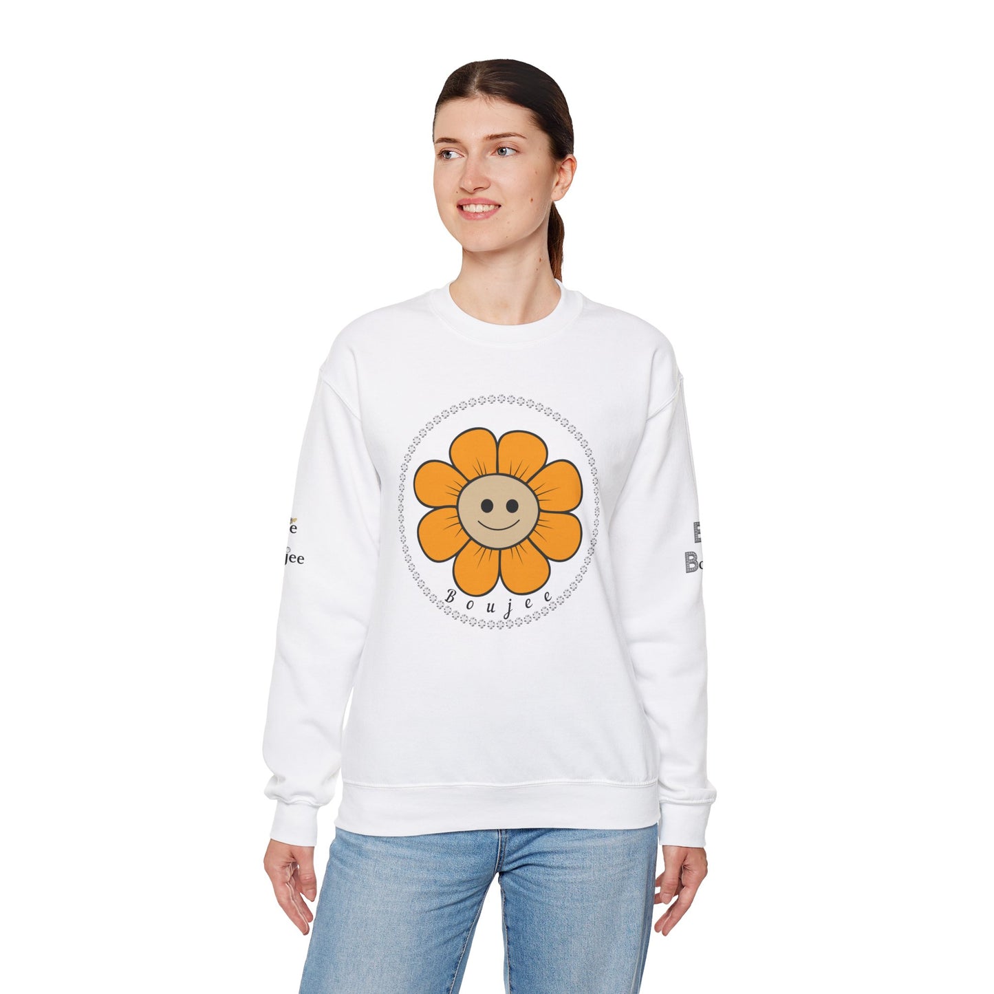 Boujee Flower Smiley Face Gold Tan - Heavy Blend™ Light Colors Crewneck Sweatshirt