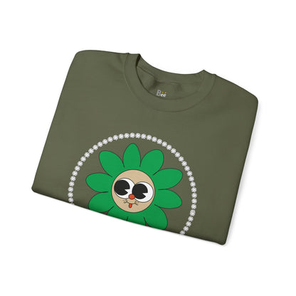 Boujee Flower Smiley Face Green Tan Wide-Eyed - Heavy Blend™ Dark Colors Crewneck Sweatshirt
