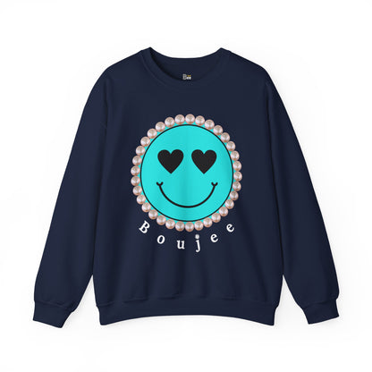 Bee Boujee - Boujee Smiley Face Turquoise in Pearls Heavy Blend™ Dark Colors Crewneck Sweatshirt