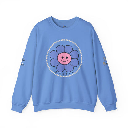 Boujee Flower Smiley Face Blue Pink - Heavy Blend™ Light Colors Crewneck Sweatshirt