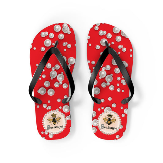 Bee Boujee Flip Flops - RED in Sea of Pearls - MEDIUM